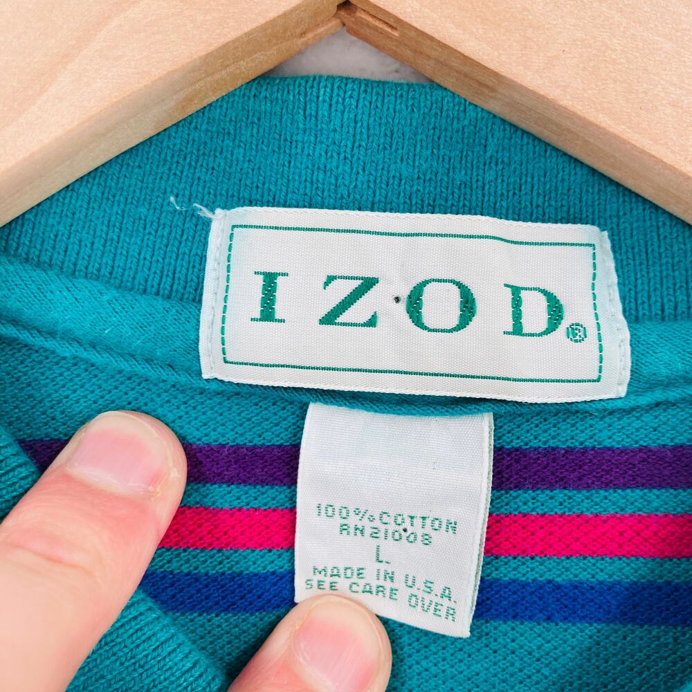 Vintage Izod Polo Shirt Mens Large Green Striped Cotton Blend USA Made Preppy - Picture 7 of 10